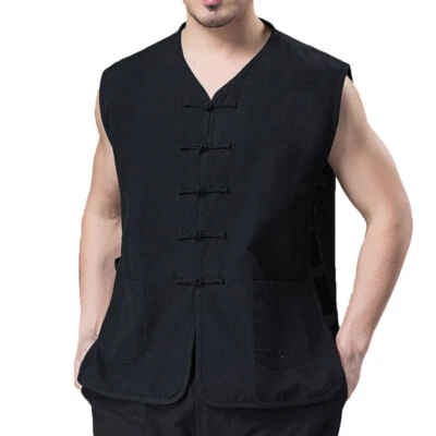 Mens Chinese Traditional Tang Suit Vest Tops Bruce Lee Kung Fu Wing Chun T-shirt - Image 1 of 4