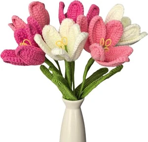 6pc Crochet Tulips Flower Bouquet Artificial Knitted Tulips Bouquet Crochet F... - Picture 1 of 7