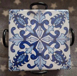 Drink Coasters with Holder 6 Set Ceramic 4" Square Coaster Drinks NEW - Picture 1 of 2