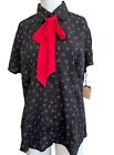 Ladies XL Black Button Front Blouse Red Rosebuds Tie Bow Ribbon Collared NWT
