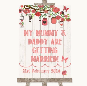 Coral Rustic Wood Mummy Daddy Getting Married Personalised Wedding Sign - Picture 1 of 8