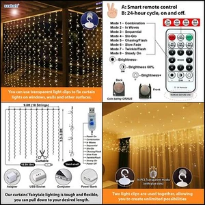 Fairy Curtain Lights 300LED ,USB Plug in 8 Modes Christmas Fairy String Hanging - Picture 1 of 7