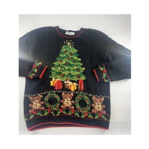 Vintage Casual Corner Christmas Sweater Womens Medium Blue Hand Knitted Bears - Picture 1 of 12