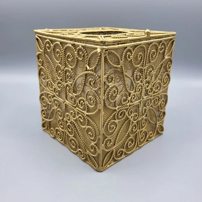 Vintage Tissue Box Gold Tone Metal Filigree Wire Cube Decorative With Hinged Lid - Image 1 of 4