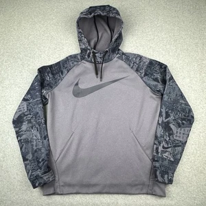 Nike Hoodie Men L Gray Blue Dri-Fit Sweatshirt Center Swoosh Graffiti 932005-011 - Picture 1 of 12