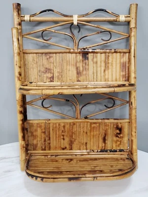 Estante de Pared Plegable Ratán Quemado Bambú 2 Niveles 21" Tiki Baño Cocina Años 60 Boho Foto 1 de 4