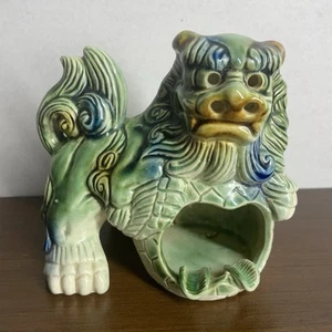 Vintage chinesische Porzellan Foo Hund Statue Figur grüne & blaue Glasur 5" Weihrauch - Bild 1 von 9