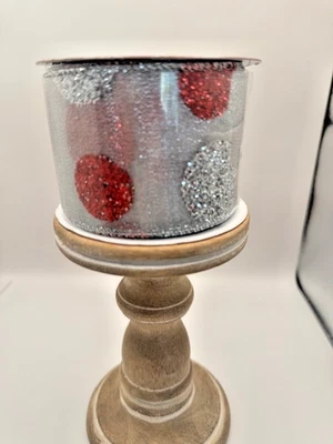 Red White Silver Ribbon Dot Sheer Christmas Holiday 2.5" Wide Deluxe 30 ft - Image 1 of 3
