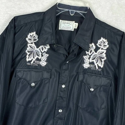 VTG 60s H Bar C Ranchwear Western Pearl Snap Shirt Mens 16.5-33 (L) Black USA - Image 1 of 4