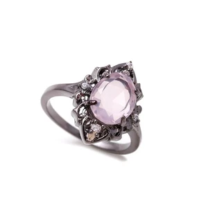 Anillo ovalado de cuarzo rosa natural de plata de ley 925 negro oxidado joyería para ella - Imagen 1 de 24