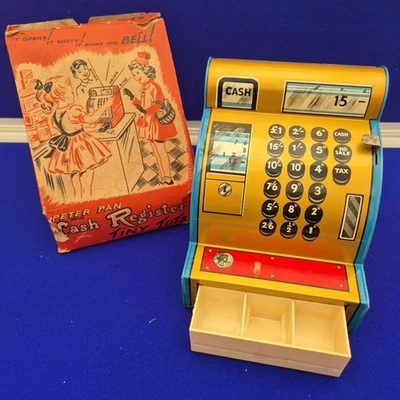 Peter Pan Tin Cash Register Tiny Tots 1950s Working With Original Box - Image 1 of 4