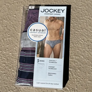 Jockey Men's Casual Cotton Stretch Bikinis 3 Pack Breathable Stripe Solid Size S - Picture 1 of 9