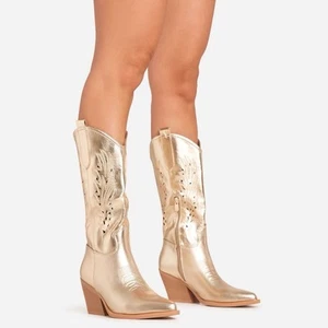 Ego Champion Cut Out Laser Detail Mid Calf Western Cowboy Boot Gold UK 8 - Picture 1 of 3