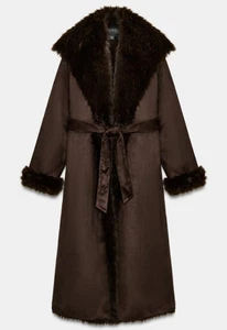 ZARA BNWT 2025. BROWN BELTED FAUX FUR COAT TRENCH. 3581/240/700 - Picture 1 of 6
