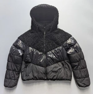 DKNY Jacket Womens Large Black Cropped Puffer Fleece Hooded Quilted Coat - Picture 1 of 7