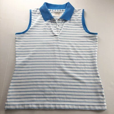 Camisa polo de golf EP Pro Tour Tech para mujer sin mangas talla pequeña blanca azul a rayas Foto 1 de 4