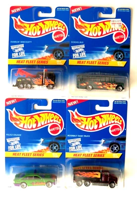 HOT WHEELS HEAT FLEET RIG WRECKER PETERBILT SCHOOL BUS POICE CRUISER SET NIP - Image 1 of 4