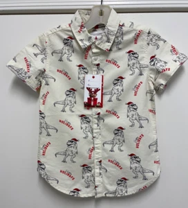 Neu mit Etikett Denim & Flower Jungenhemd - elfenbein Baumwolle geknöpft Weihnachten Dinosaurier Gr. 6/7 - Bild 1 von 7