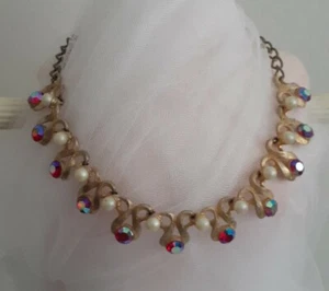 Vintage Estate 1950s Red AB Rhinestone Faux Pearl Color Necklace - Picture 1 of 24