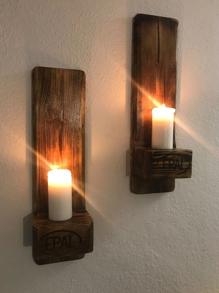 2 Wandkerzenhalter aus recycelter Euro-Palette Geflammt Rustikal Kerzenständer - Bild 1 von 4