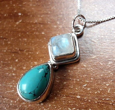 Кулон из чистого серебра с бирюзой лунный камень квадратная каплевидная - Изображение 1 из 2