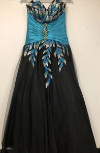 Precious Formals Ball Gown Prom Dress Tulle/Sequins, Boned, Turquoise/Black, UK6 - Picture 1 of 16