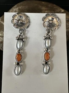 Orange Spiny Oyster Navajo Sterling Silver Beads Dangle Earrings 15328 - Picture 1 of 12