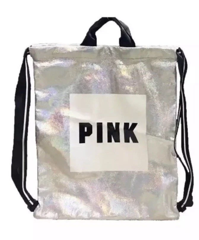 Victoria's Secret Pink Silver Iridescent Metallic Drawstring Backpack Bag
