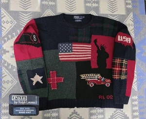 Vintage Polo Ralph Lauren 9/11 USA Flagge Patchwork handgestrickt Wolle Pullover Gr. 2XL - Bild 1 von 18