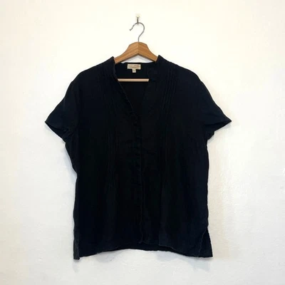 Vintage – Black Pleated Button Down Short Sleeve Linen Blouse Size L - Image 1 of 4