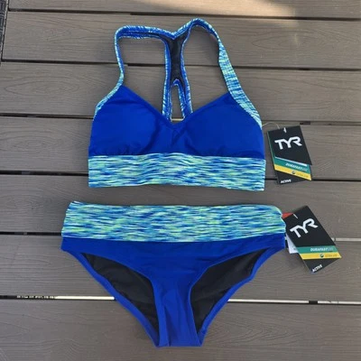 Biquíni feminino TYR Sonoma decote em V aberto nas costas e combinando azul/verde tamanho P novo  - Imagem 1 de 4