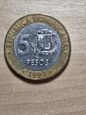 Dominican Republic 5-Pesos coin, 1997. KM# 88, bimetallic. Central Bank Anniver - Image 1 of 4