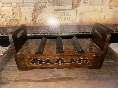 Pier One Imports Wooden Carved Counter Top Wine Rack w Drawer & Brass Knob Bar - Image 1 of 4