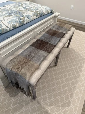 Restoration Hardware Chenille Throw Blanket Plaid Blue, Brown, Gold, Heavy - Image 1 of 4