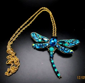 KENNETH J LANE KJL LARGE IRIDESCENT CRYSTAL DRAGONFLY NECKLACE PENDANT NEW - Picture 1 of 13