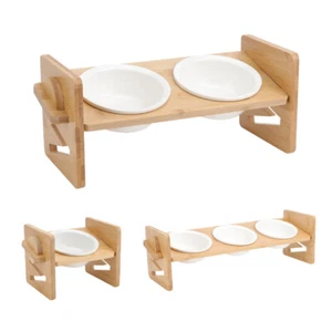 Adjustable Bamboo Stand Ceramic Bowl Dog Cat Feeder Elevated Raised Feeding Food - Picture 1 of 18