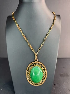 Large Vintage Copper Brass Green Tourmaline Stone Pendant Necklace – 30” - Picture 1 of 9