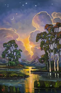 Moon Art PRINT Clouds Glow Impressionism Canvas Signed California Hawkins R38B - Picture 1 of 5
