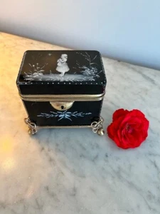 Antique Mary Gregory Black Opaline Jewelry Box - White Enamel Girl w Brass Frame - Picture 1 of 6