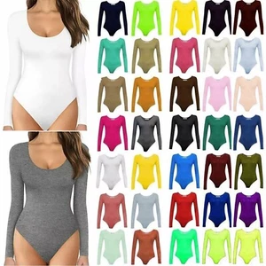Women Ladies Long Sleeve Leotard Bodysuit Top stretch Body Top Tee shirt 8-14 - Picture 1 of 28