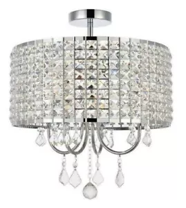 Round Shade with Crystals Flush mount Chandelier Light Dining Room Fixtures - Picture 1 of 9