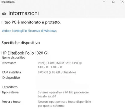 NOTEBOOK HP ELITEBOOK FOLIO 1020 G1 - INTEL M5-5Y51 - 8GB RAM - 256GB SSD WIN10  - Immagine 1 di 4