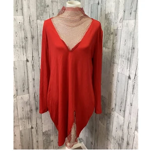 New Plus Wear XXL Deep V Neck Red Body Con Gold Mesh Long Sleeve Mini Dress - Picture 1 of 6