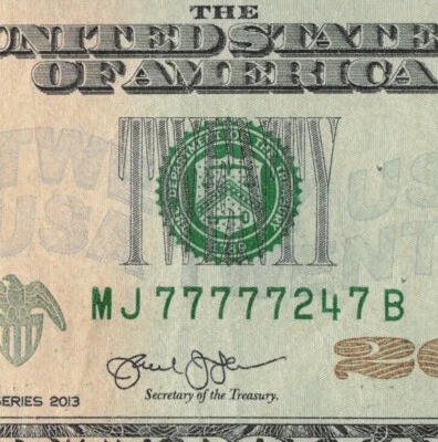 Six of a kind 7s 2013 20$ Fancy Serial# MJ77777247B Five in a Row 7s Trinary - Image 1 of 4