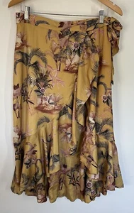 Sheike Wrap Midi Frill Skirt Size 10 Satin Feel Gold Colour Tropical Print - Picture 1 of 8