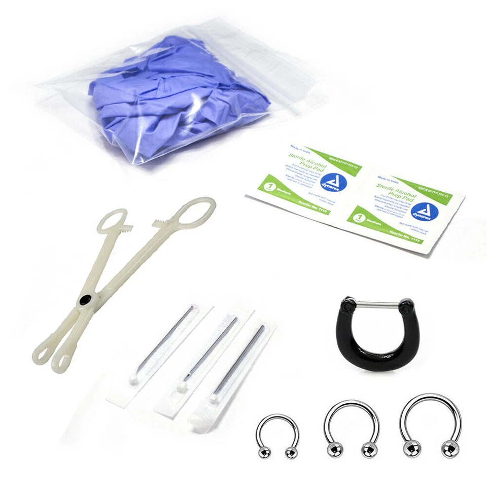 LUXE MODZ 10-Pcs Septum Piercing Kit - Horseshoe Circular, Septum, Needle, Forceps, Gloves