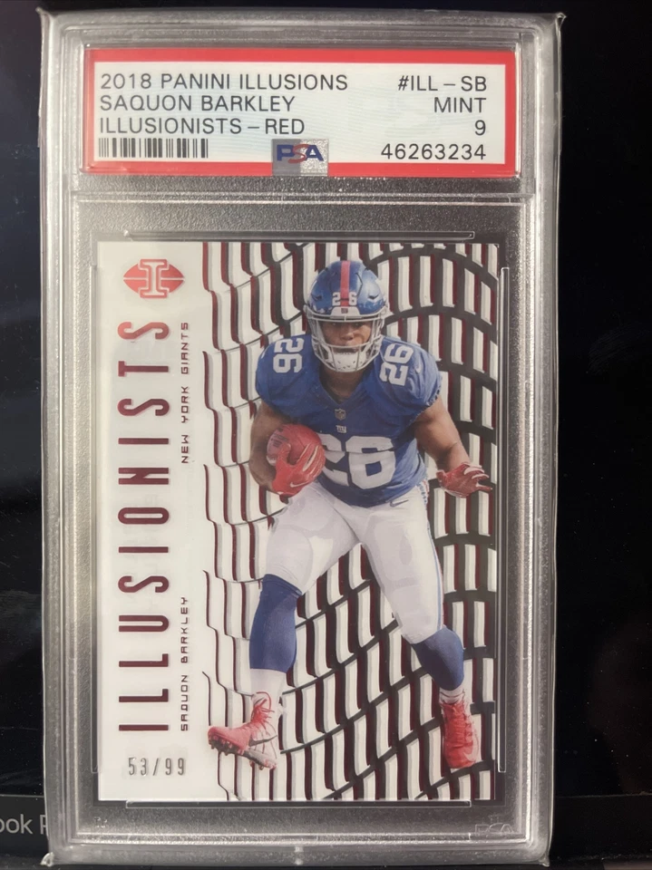 SAQUON BARKLEY 2018 PANINI ILLUSIONS #ILL-SB RED PARALLEL ROOKIE RC /99 PSA 9 - Image 1 of 2