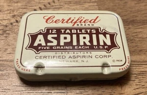 Vintage 1939 Certified Brand Aspirin Tin Newark NJ - Picture 1 of 1