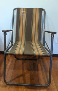 Vtg Zip Dee Brown Stripe Folding Chair Chrome Wood Carefree of Colorado - Picture 1 of 13