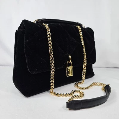 Steve Madden Black Velvet Quilted Chain Crossbody Shoulder Bag Lock Logo Gold - Image 1 of 4
